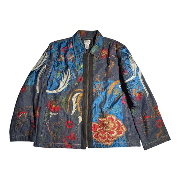 Vtg 1990s Chico's Dark Wash Denim Floral Patchwork Embroidered Zip Up Jacket 1 S - Picture 1 of 4